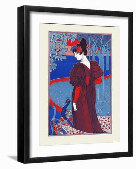 A Woman Stands Looking at Two Peacocks-Louis Rhead-Framed Art Print