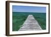 A Wood Dock in the Foreground with Clear Green Water and Blue Skies Near the Isle of Youth, Cuba-James White-Framed Photographic Print