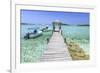 A Wood Pier Leads to Moored Boats and Clear Tropical Waters Near Staniel Cay, Exuma, Bahamas-James White-Framed Photographic Print