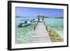 A Wood Pier Leads to Moored Boats and Clear Tropical Waters Near Staniel Cay, Exuma, Bahamas-James White-Framed Photographic Print