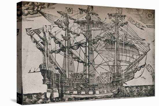 A woodcut of a ship which is believed to be The Ark Royal, c1587-Unknown-Stretched Canvas