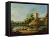 A Wooded Italianate River Landscape with Peasants in a Barge and a Bridge Beyond-William Marlow-Framed Stretched Canvas