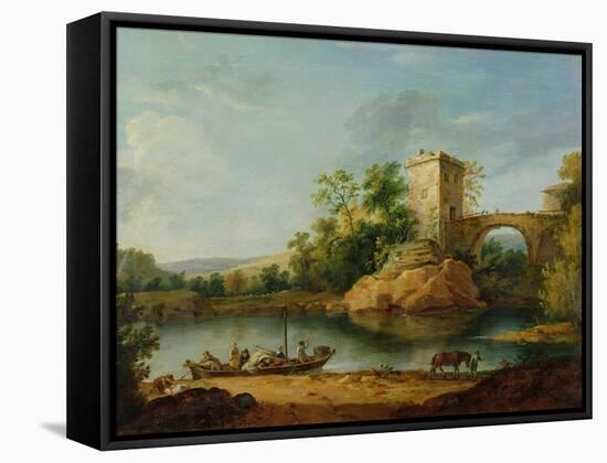 A Wooded Italianate River Landscape with Peasants in a Barge and a Bridge Beyond-William Marlow-Framed Stretched Canvas