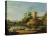 A Wooded Italianate River Landscape with Peasants in a Barge and a Bridge Beyond-William Marlow-Stretched Canvas