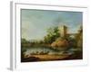 A Wooded Italianate River Landscape with Peasants in a Barge and a Bridge Beyond-William Marlow-Framed Giclee Print