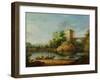 A Wooded Italianate River Landscape with Peasants in a Barge and a Bridge Beyond-William Marlow-Framed Giclee Print