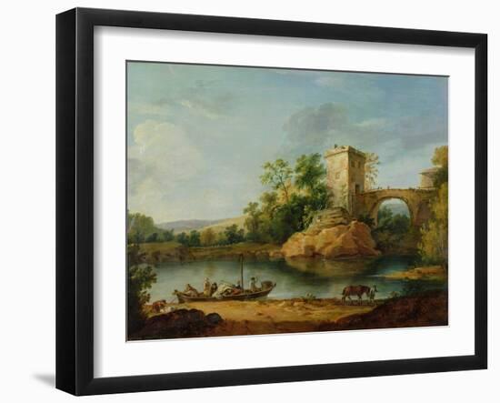 A Wooded Italianate River Landscape with Peasants in a Barge and a Bridge Beyond-William Marlow-Framed Giclee Print