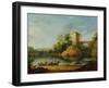 A Wooded Italianate River Landscape with Peasants in a Barge and a Bridge Beyond-William Marlow-Framed Giclee Print