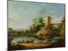 A Wooded Italianate River Landscape with Peasants in a Barge and a Bridge Beyond-William Marlow-Mounted Giclee Print