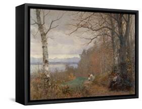 A Wooded lake Landscape with Figures seated on a Bench-Anders Andersen-Lundby-Framed Stretched Canvas