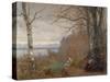 A Wooded lake Landscape with Figures seated on a Bench-Anders Andersen-Lundby-Stretched Canvas