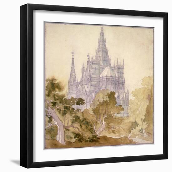 A Wooded Landscape with a Gothic Church (Pencil, Ink and W/C)-Karl Friedrich Schinkel-Framed Giclee Print