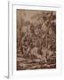 A Wooded Landscape with a River God and Putti pen and ink-Nicolas Poussin-Framed Giclee Print