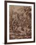 A Wooded Landscape with a River God and Putti pen and ink-Nicolas Poussin-Framed Giclee Print