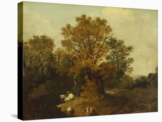 A Wooded Landscape with Faggot Gatherers by a Path, a White Horse Tethered Beyond-Thomas Gainsborough-Stretched Canvas