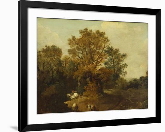 A Wooded Landscape with Faggot Gatherers by a Path, a White Horse Tethered Beyond-Thomas Gainsborough-Framed Giclee Print