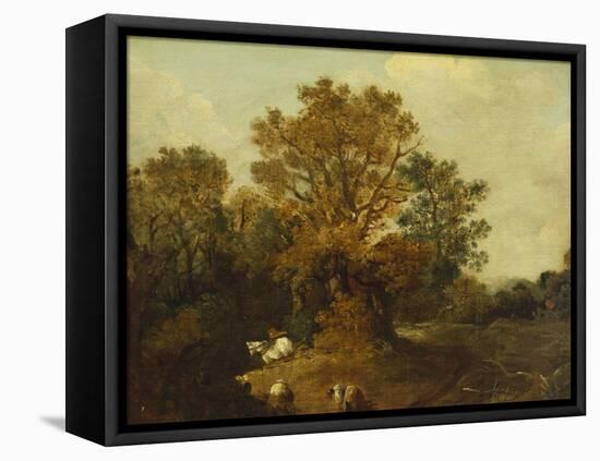 A Wooded Landscape with Faggot Gatherers by a Path, a White Horse Tethered Beyond-Thomas Gainsborough-Framed Stretched Canvas