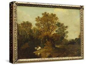 A Wooded Landscape with Faggot Gatherers by a Path, a White Horse Tethered Beyond-Thomas Gainsborough-Stretched Canvas