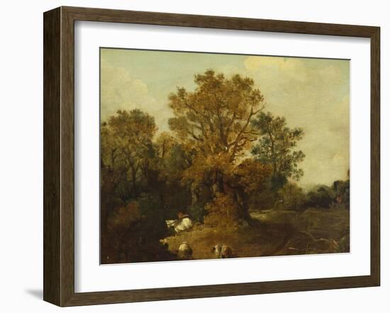 A Wooded Landscape with Faggot Gatherers by a Path, a White Horse Tethered Beyond-Thomas Gainsborough-Framed Giclee Print