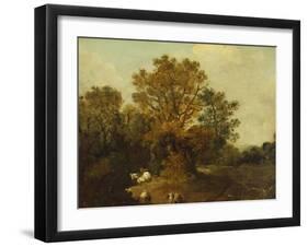 A Wooded Landscape with Faggot Gatherers by a Path, a White Horse Tethered Beyond-Thomas Gainsborough-Framed Giclee Print