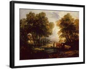 A Wooded Landscape with Herdsman, Cows and Sheep near a Pool-Thomas Gainsborough-Framed Giclee Print