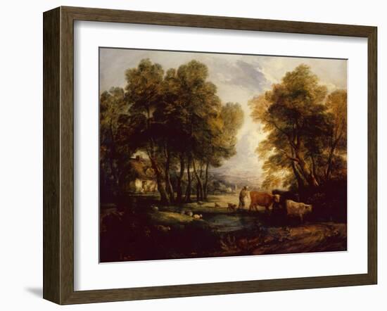 A Wooded Landscape with Herdsman, Cows and Sheep near a Pool-Thomas Gainsborough-Framed Giclee Print