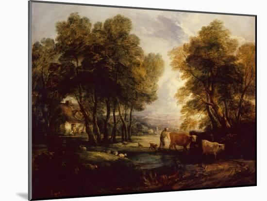 A Wooded Landscape with Herdsman, Cows and Sheep near a Pool-Thomas Gainsborough-Mounted Giclee Print