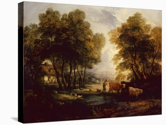 A Wooded Landscape with Herdsman, Cows and Sheep near a Pool-Thomas Gainsborough-Stretched Canvas