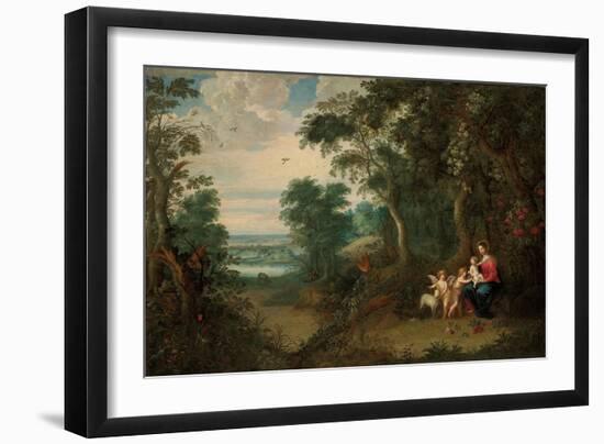 A Wooded Landscape with the Virgin and Child, Infant St. John the Baptist and an Angel-Jan Brueghel the Younger-Framed Giclee Print