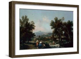 A Wooded Landscape with Washerwomen by a River-Francesco Zuccarelli-Framed Giclee Print