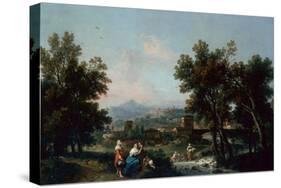 A Wooded Landscape with Washerwomen by a River-Francesco Zuccarelli-Stretched Canvas