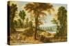 A Wooded River Landscape with Figures on a Road-Jan Wildens-Stretched Canvas