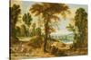 A Wooded River Landscape with Figures on a Road-Jan Wildens-Stretched Canvas