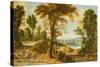 A Wooded River Landscape with Figures on a Road-Jan Wildens-Stretched Canvas