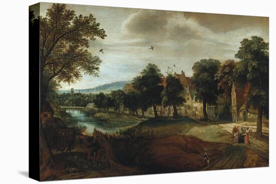 A Wooded River Landscape, with Village Buildings and Abraham and the Three Angels-Joseph Bail-Stretched Canvas