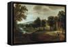 A Wooded River Landscape, with Village Buildings and Abraham and the Three Angels-Joseph Bail-Framed Stretched Canvas