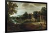 A Wooded River Landscape, with Village Buildings and Abraham and the Three Angels-Joseph Bail-Framed Giclee Print