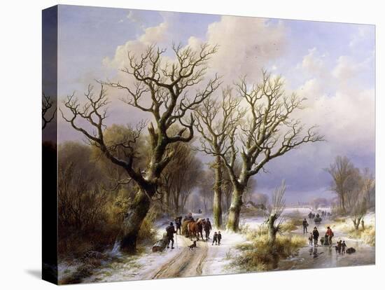 A Wooded Winter Landscape with Figures, 1863-E.J. Verboeckhoven and J.B. Klombeck-Stretched Canvas