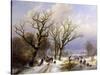 A Wooded Winter Landscape with Figures, 1863-E.J. Verboeckhoven and J.B. Klombeck-Stretched Canvas