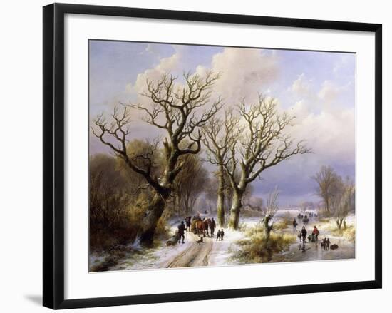 A Wooded Winter Landscape with Figures, 1863-E.J. Verboeckhoven and J.B. Klombeck-Framed Giclee Print