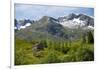 A wooden barn on a hillside below the Frudalsbreen Glacier, Vestlandet-Ellen Rooney-Framed Photographic Print