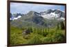 A wooden barn on a hillside below the Frudalsbreen Glacier, Vestlandet-Ellen Rooney-Framed Photographic Print