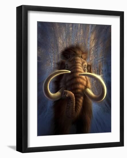 A Woolly Mammoth Bursting Out of a Snowy, Wooded Backdrop-null-Framed Art Print
