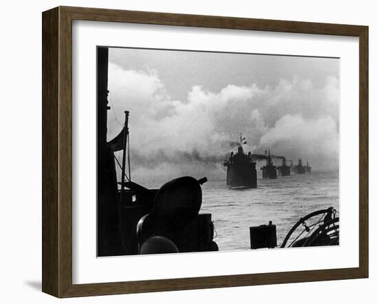 A WW2 Convoy of Steam Supply Ships Sailing Along the English Coast, 1942-null-Framed Premium Photographic Print