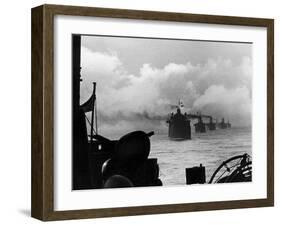 A WW2 Convoy of Steam Supply Ships Sailing Along the English Coast, 1942-null-Framed Premium Photographic Print