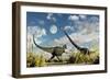 A Yangchuanosaurus Dinosaur Confronting an Omeisaurus-null-Framed Art Print