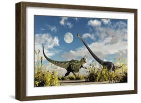 A Yangchuanosaurus Dinosaur Confronting an Omeisaurus-null-Framed Art Print