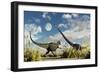 A Yangchuanosaurus Dinosaur Confronting an Omeisaurus-null-Framed Art Print