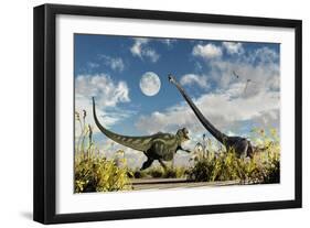 A Yangchuanosaurus Dinosaur Confronting an Omeisaurus-null-Framed Art Print