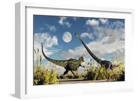 A Yangchuanosaurus Dinosaur Confronting an Omeisaurus-null-Framed Art Print